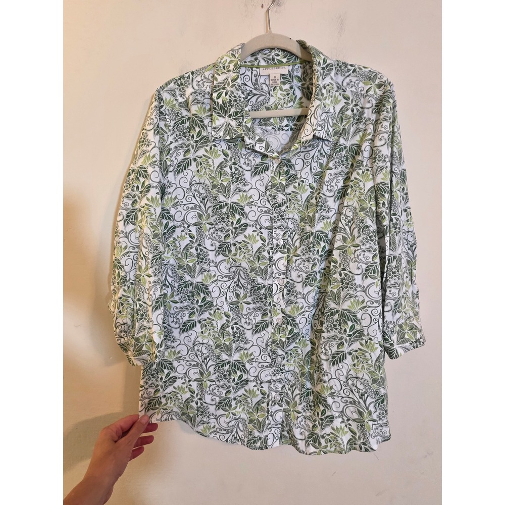 Appleseed's Green Paisley Botanical Button Front Shirt 3/4 Sleeve Size 18